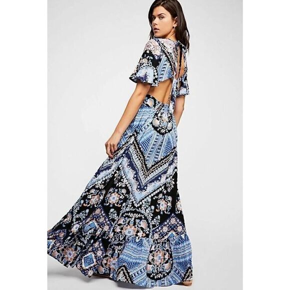 Free People Coco Printed Maxi Dress Blue Black Open Back Small - Picture 15 of 15